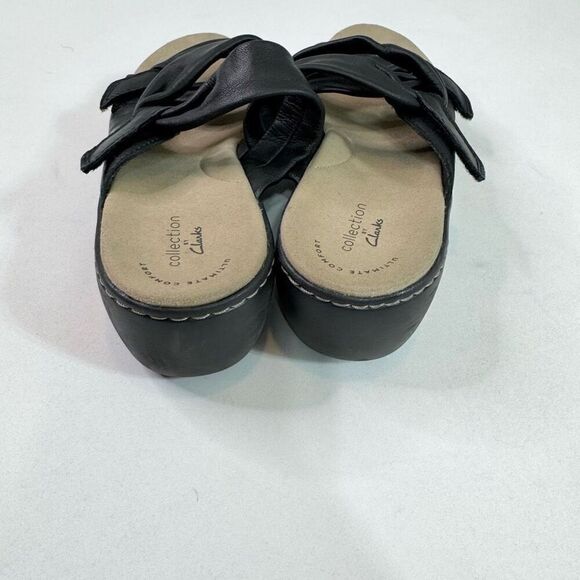Clarks Collection Sandals Shoes Womens 8.5 Black Leather Slide Hook Loop Wedge - Picture 4 of 9
